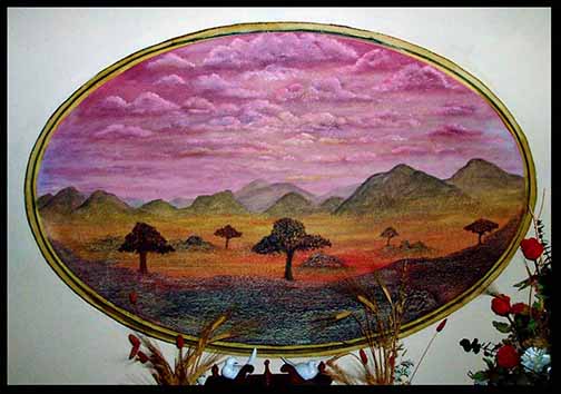 Austin mural in a home in austin texas with red colors and trees